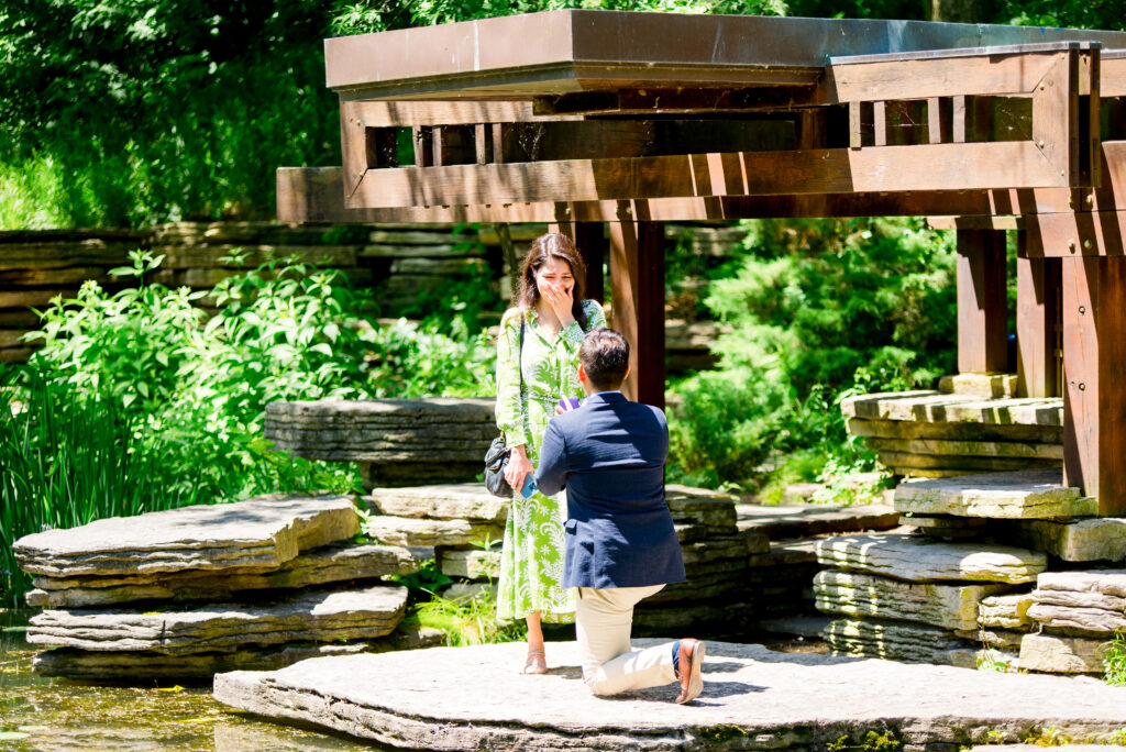 Man in navy jacket on his knee proposing to girlfriend in green dress under wooden shelter at Alfred Caldwell Lily Pool in Lincoln Park, Chicago IL during the summer. 