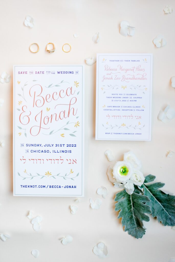 Wedding invitation with wedding rings and flowers