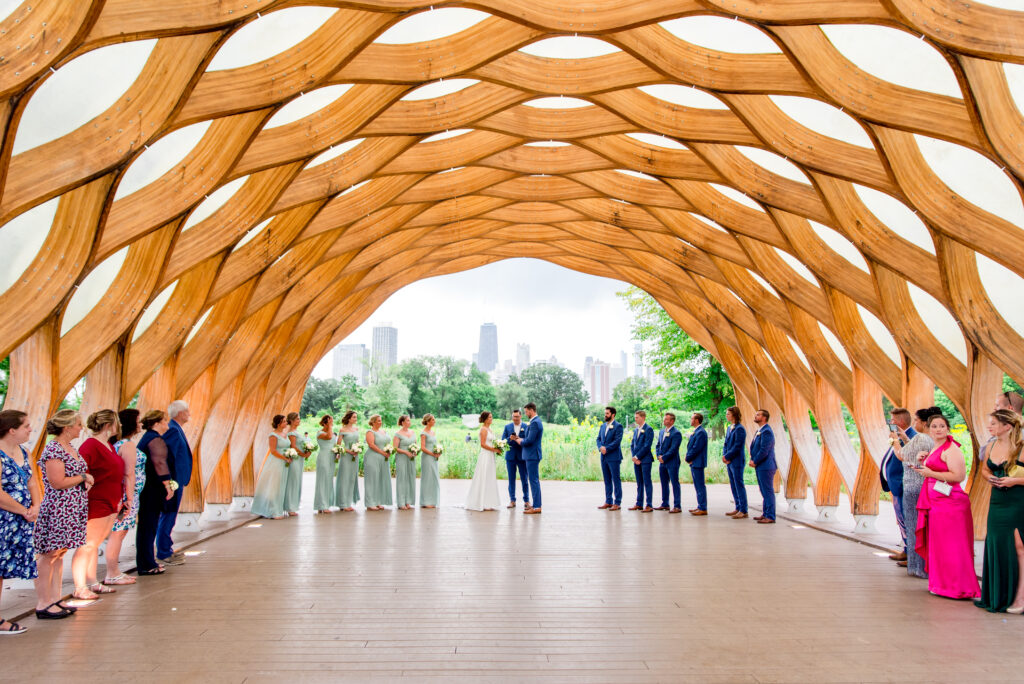 Wedding ceremony under the Peoples Gas Pavilion aka Honeycomb in Lincoln Park