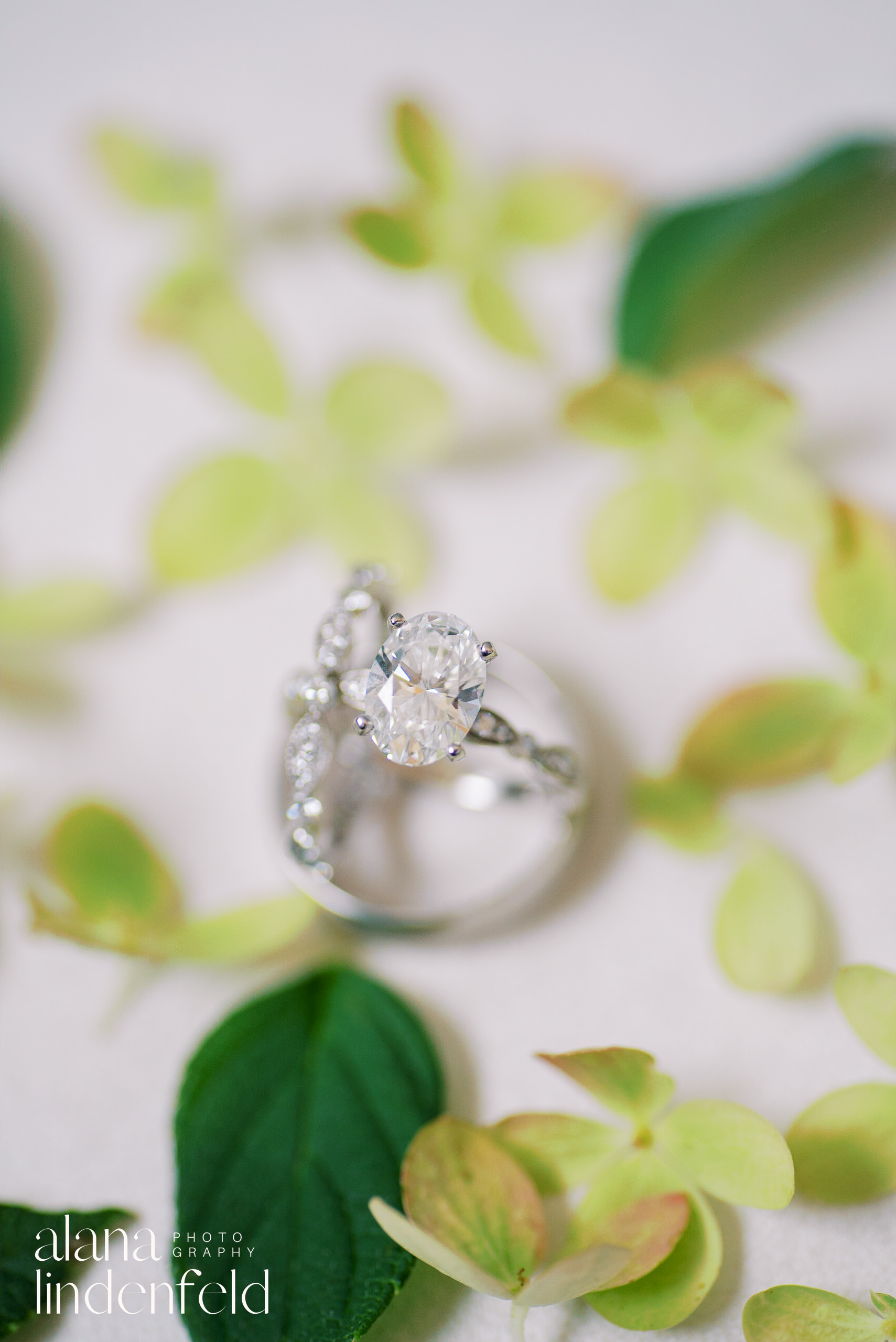 wedding and engagement ring detail photos with green florals