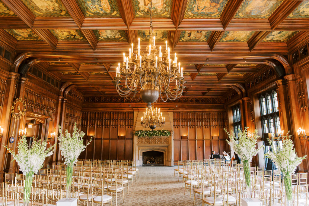 Ceremony set up with white and gold chairs at University Club of Chicago