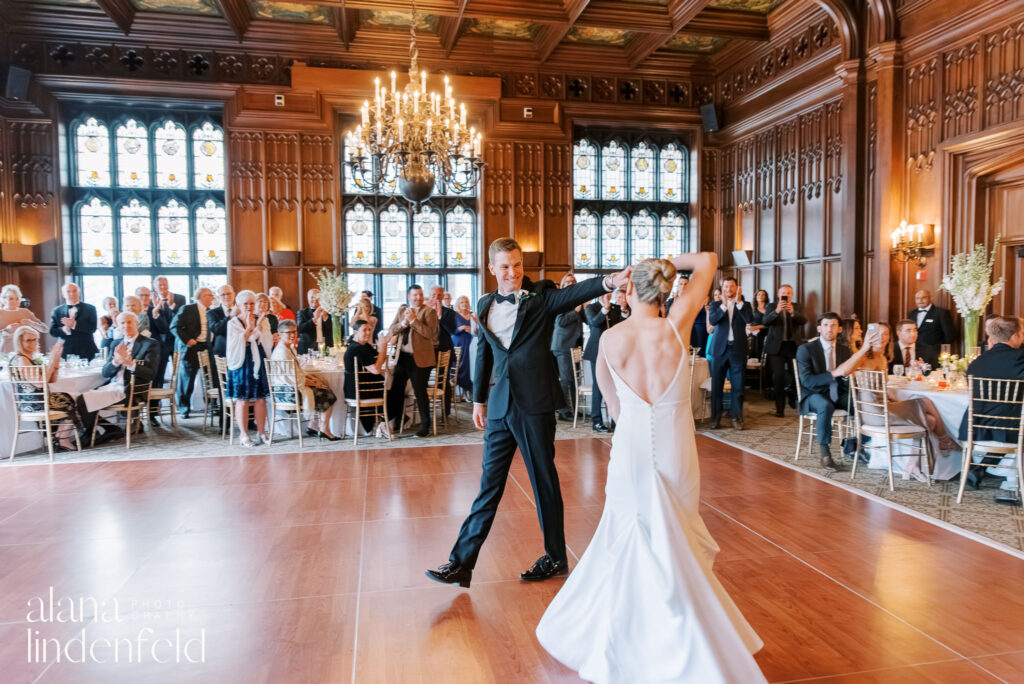 couple shares their first dance at university club chicago wedding reception 