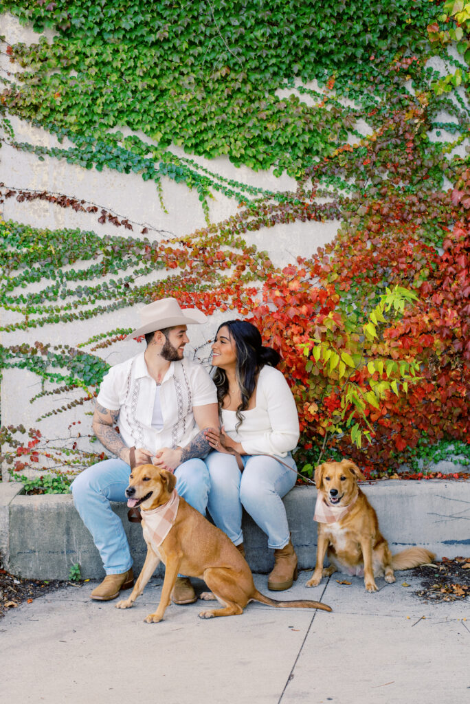 fall engagement photos with dogs in Chicago