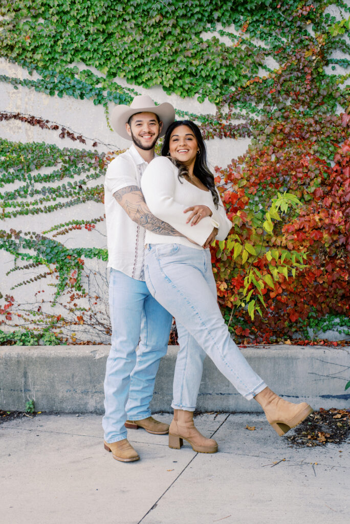couple's fall engagement photos in Chicago South Pond