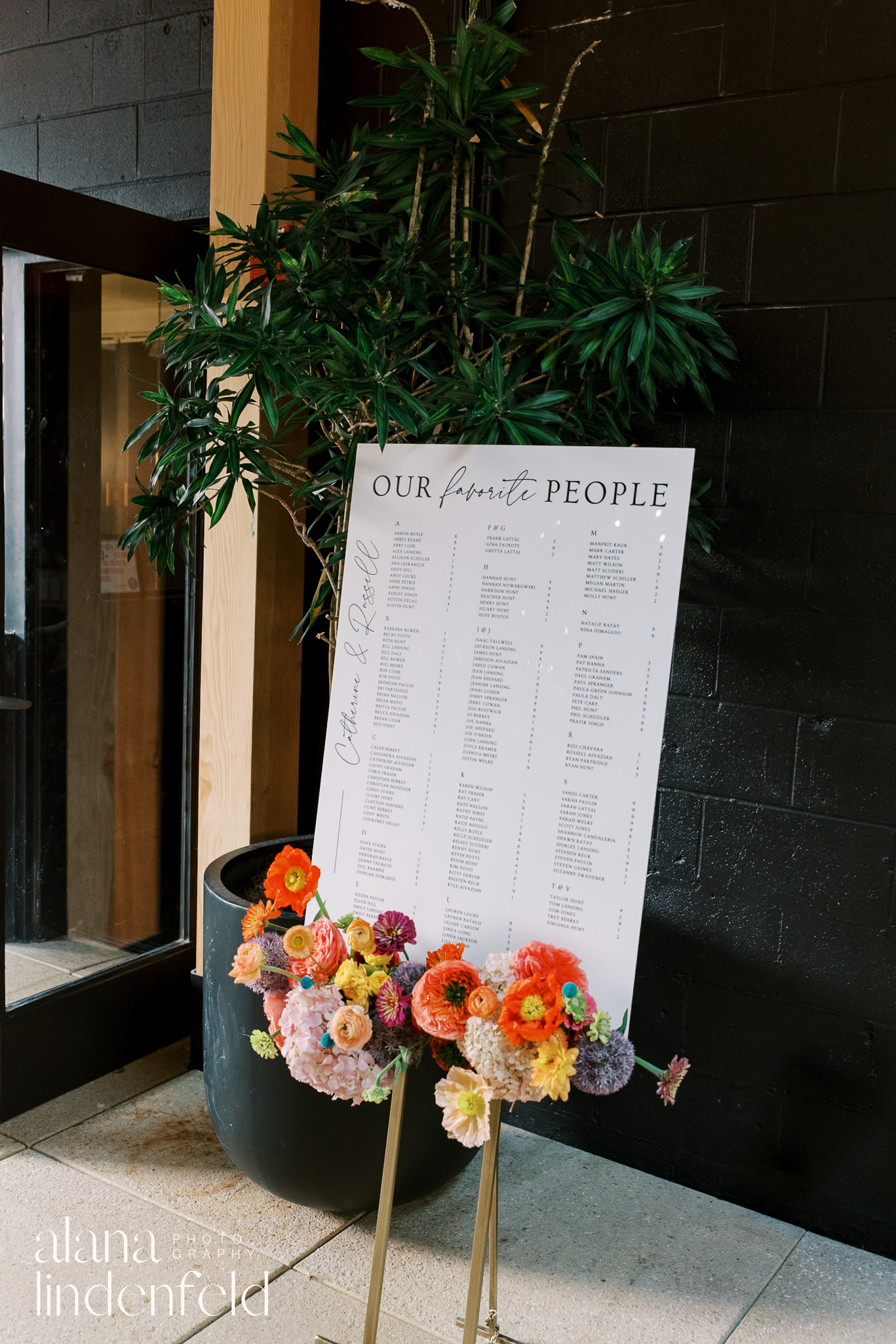 wedding seating chart with colorful flowers