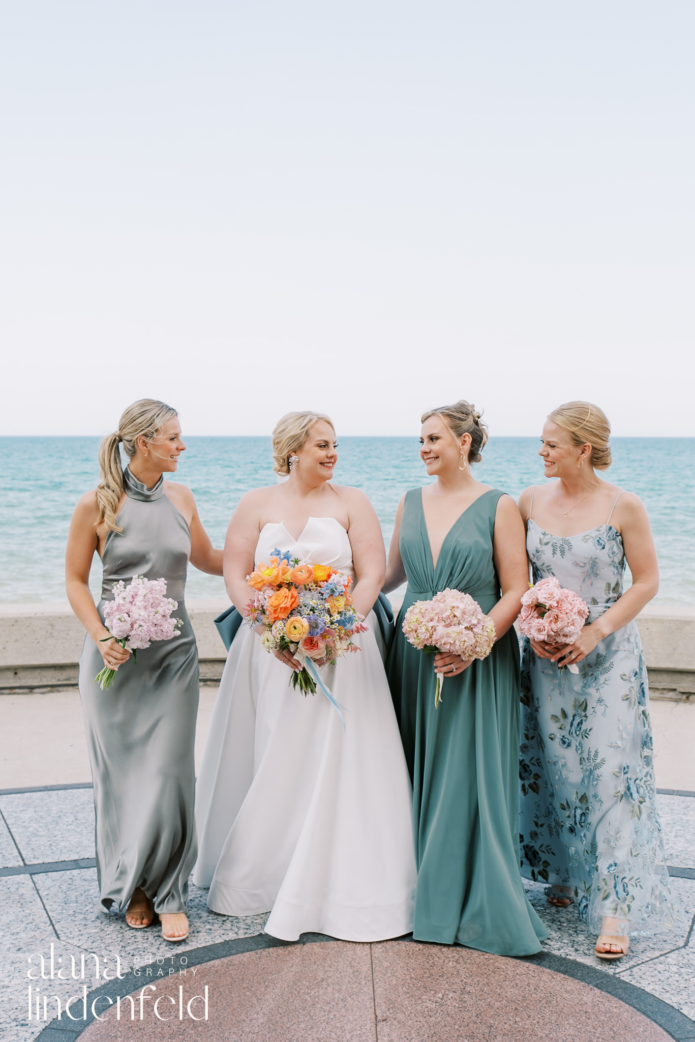 bridesmaids lakeside wedding portraits at loyola university