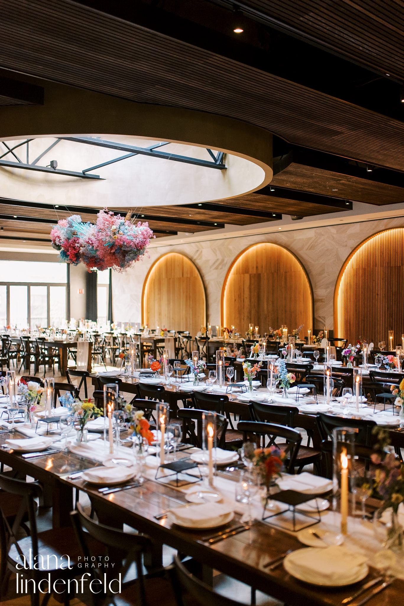 colorful candlelit wedding reception at chicago winery