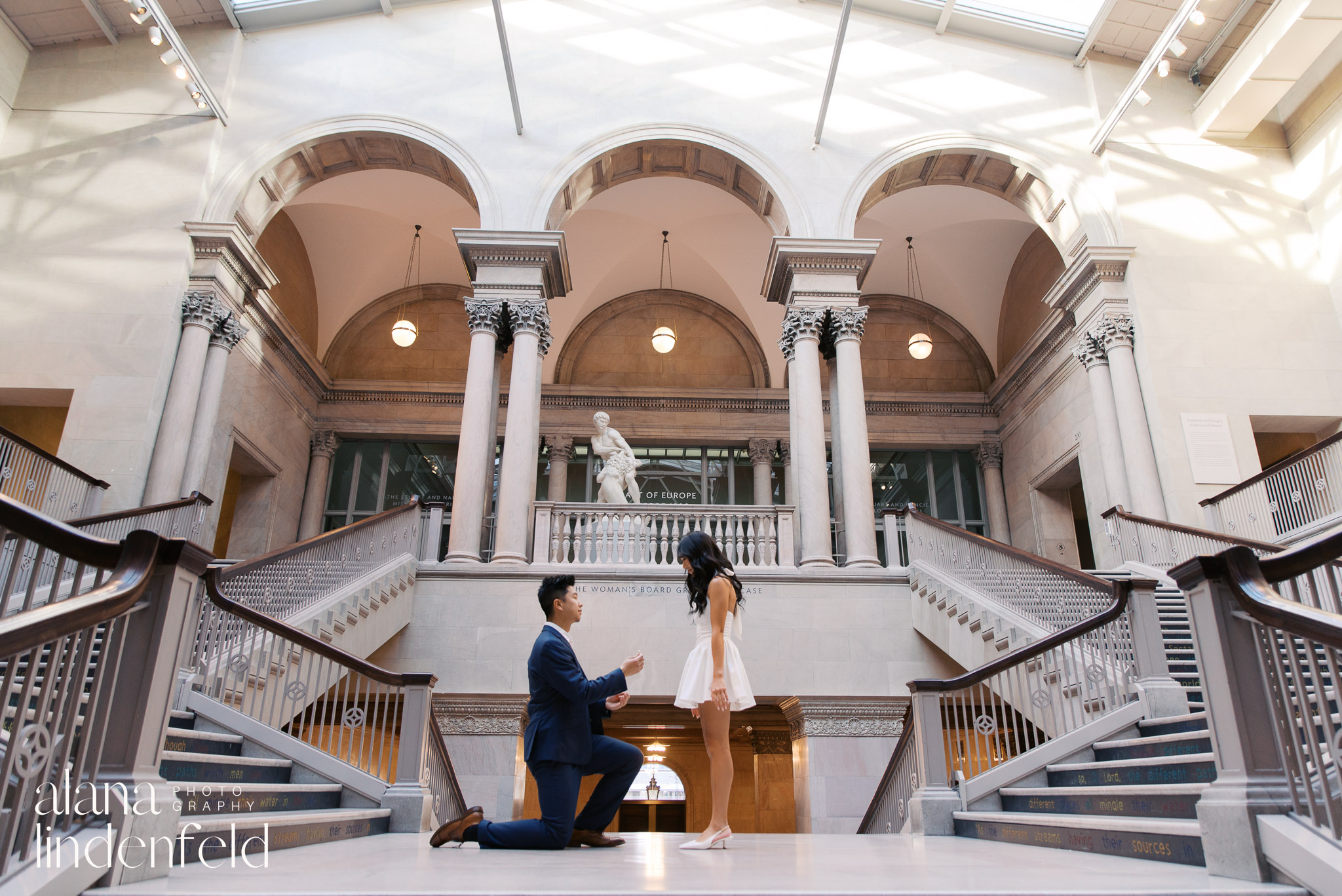 couples proposal at Womans Board Grand Staircase at the Art Institute of Chicago