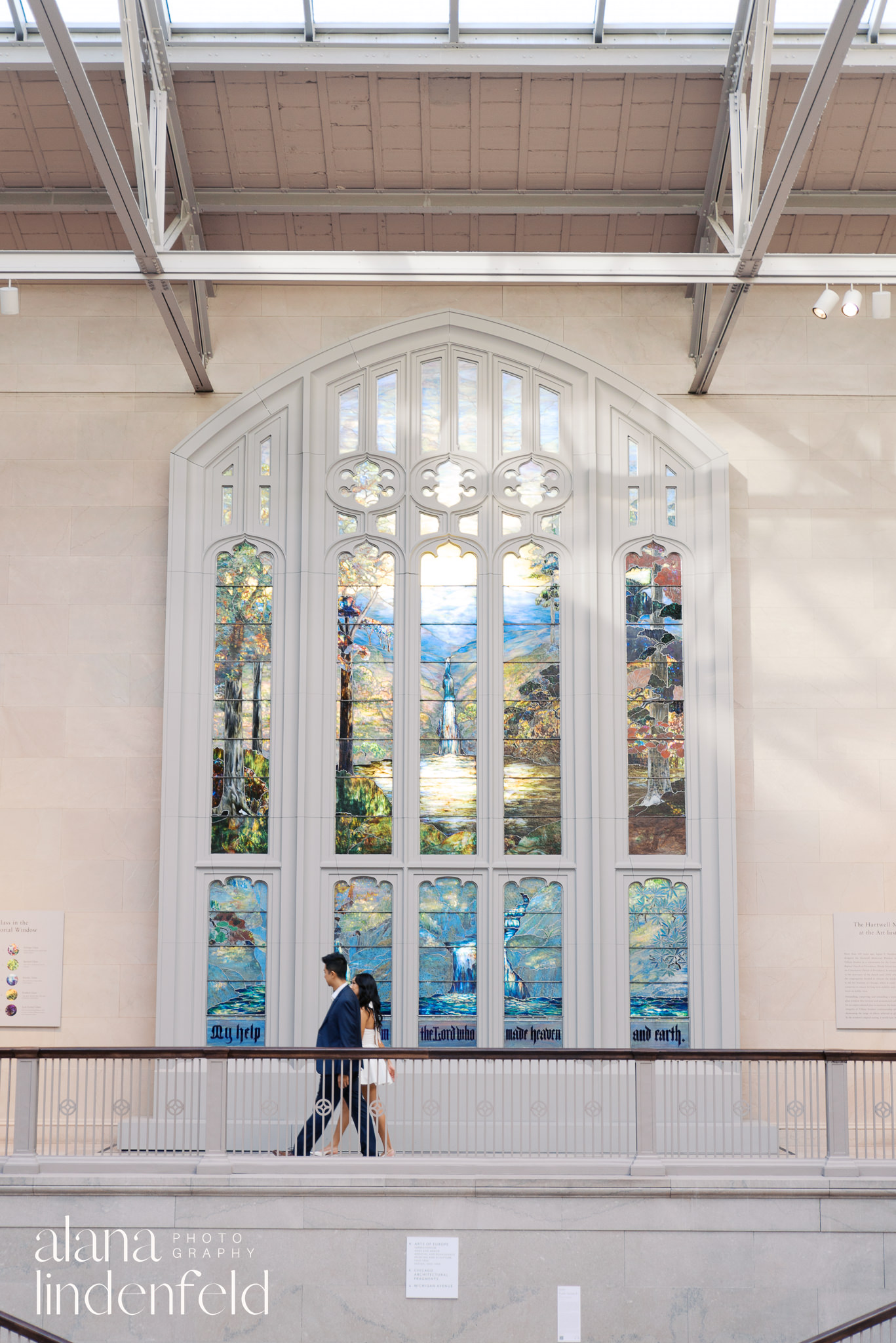 engagement photos with Tiffany Window at Art Institute of Chicago