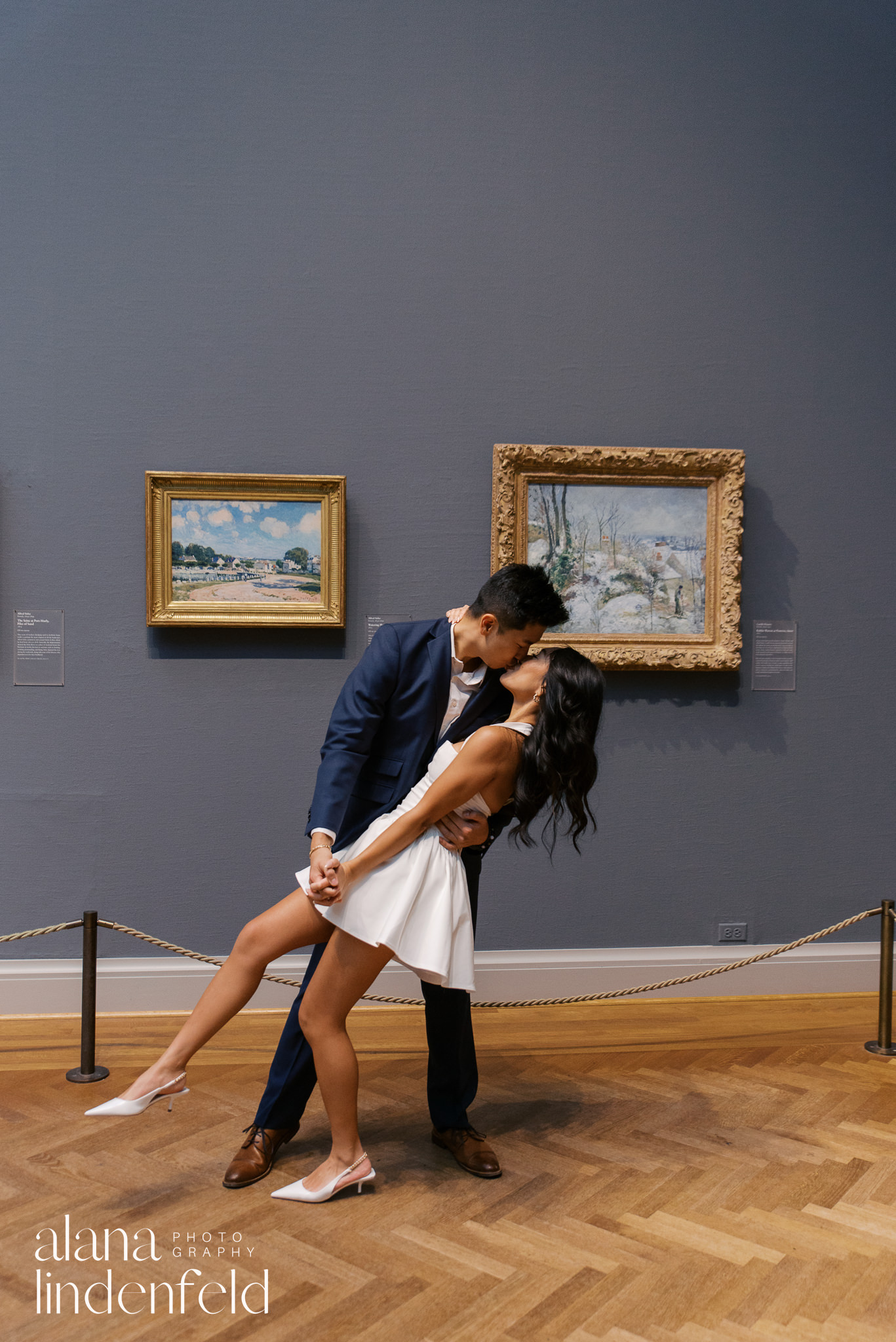 couple in white dress and navy suit at Art Institute of Chicago Proposal photos