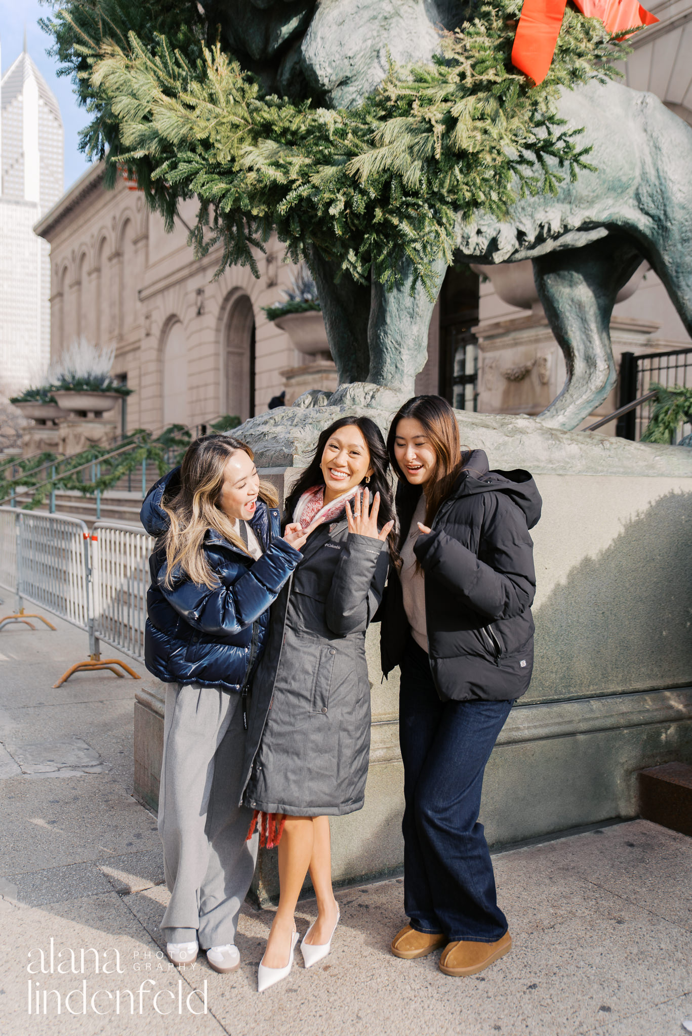 proposal photos in front of lions at Art Institute of Chicago