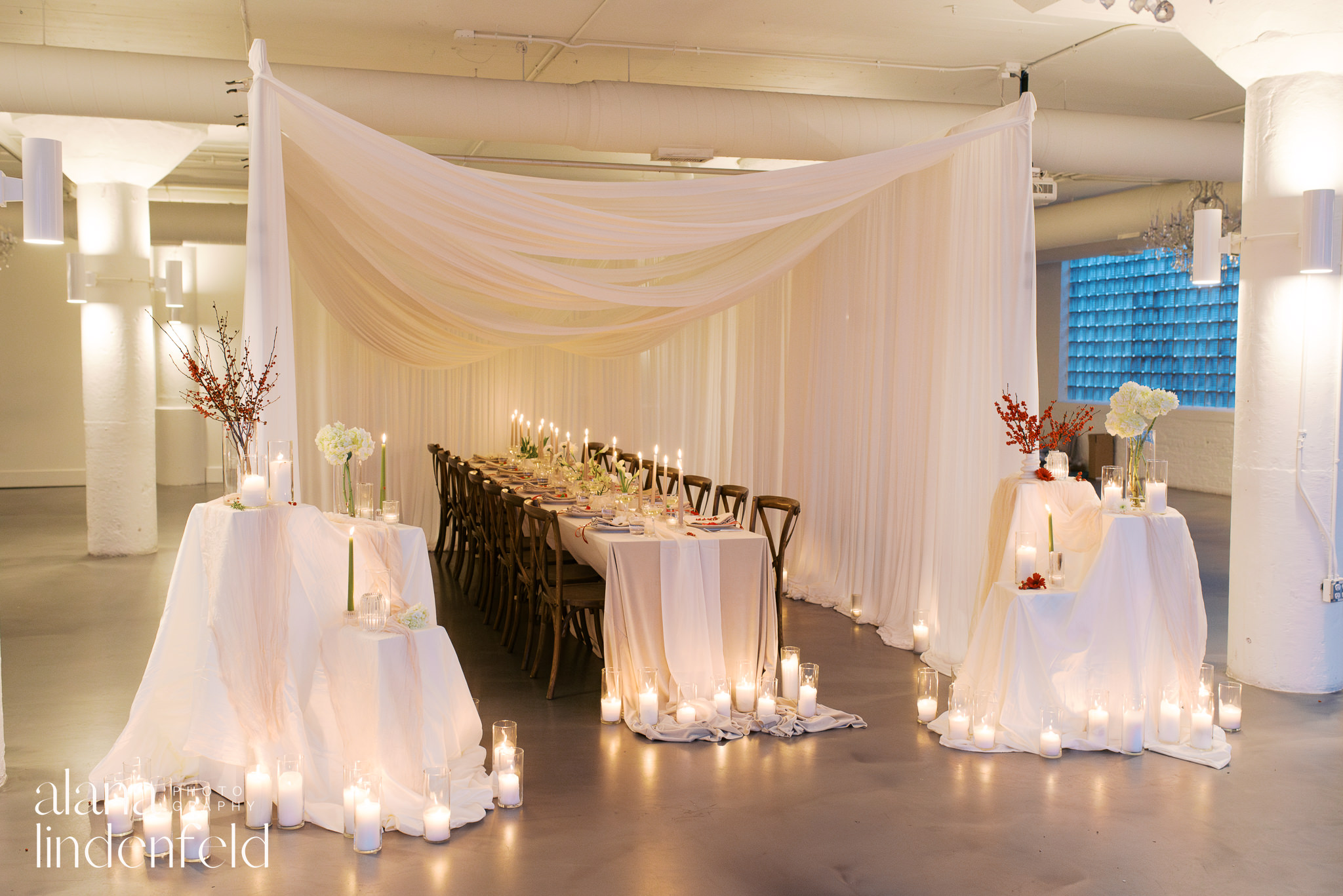 candlelit draped dinner reception at room 1520