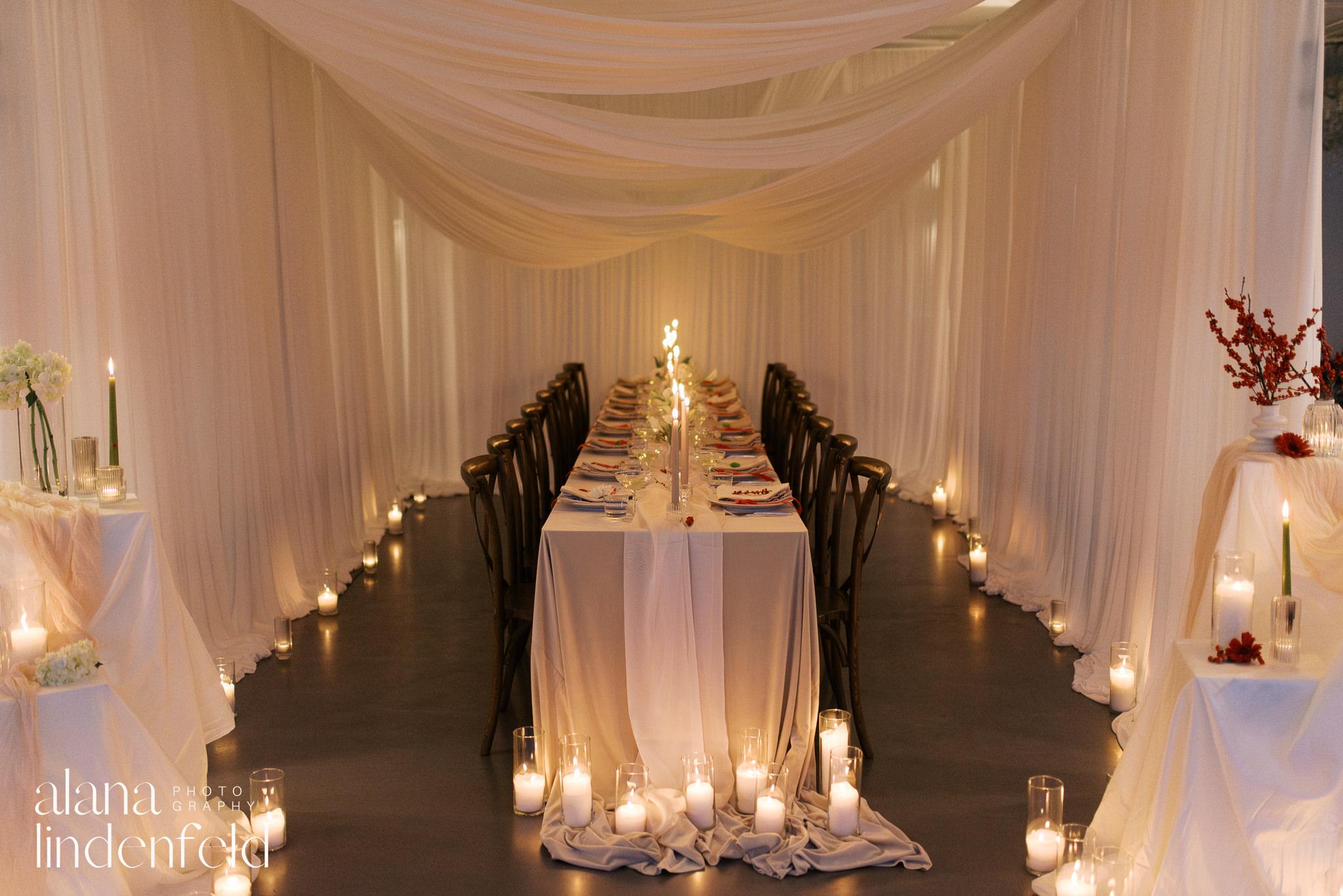 candlelit draped dinner reception at room 1520