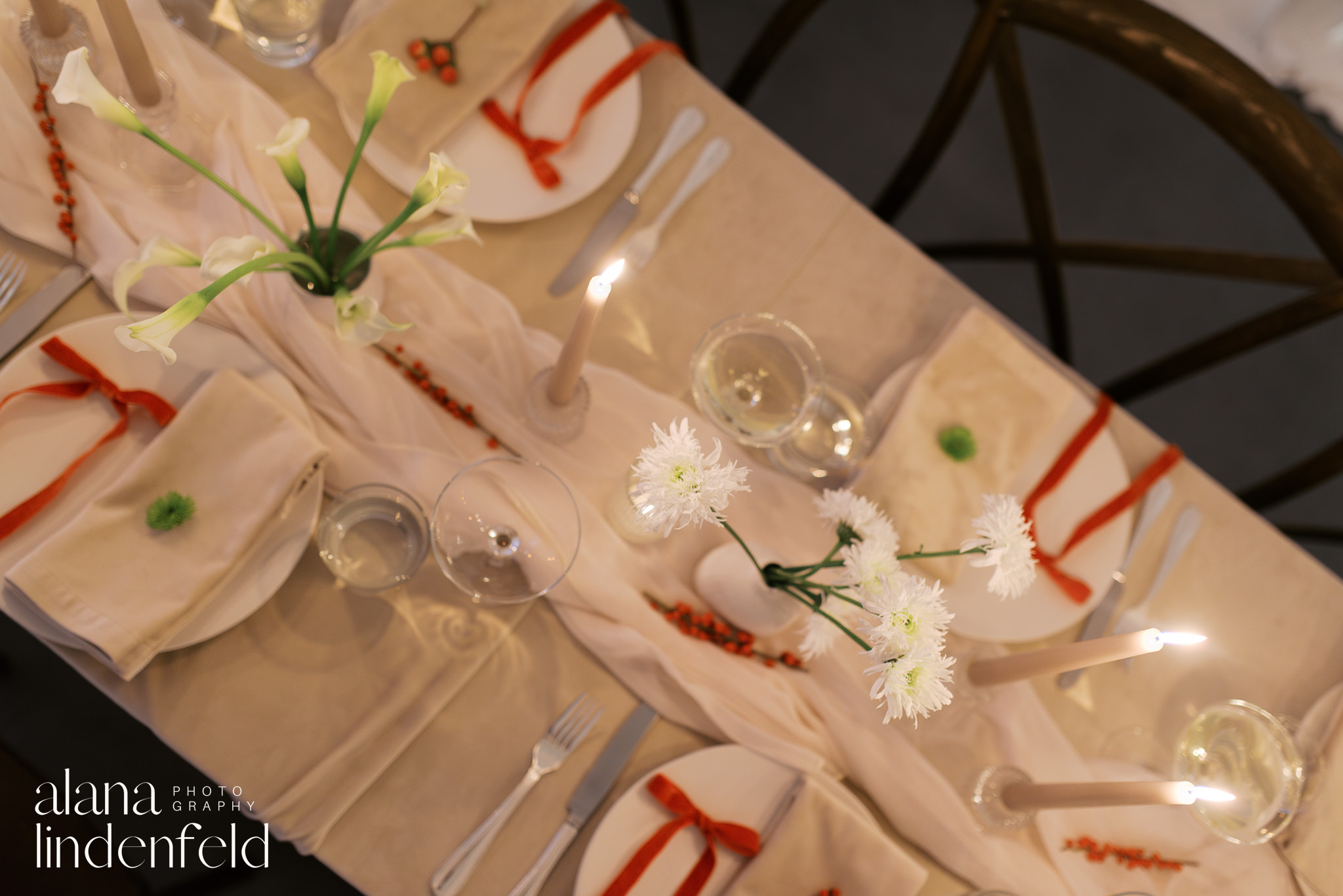 overhead shot of table at winter wedding reception 