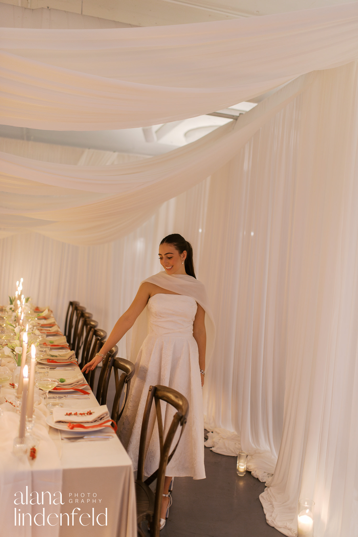 bride and candlelit draped dinner reception at room 1520