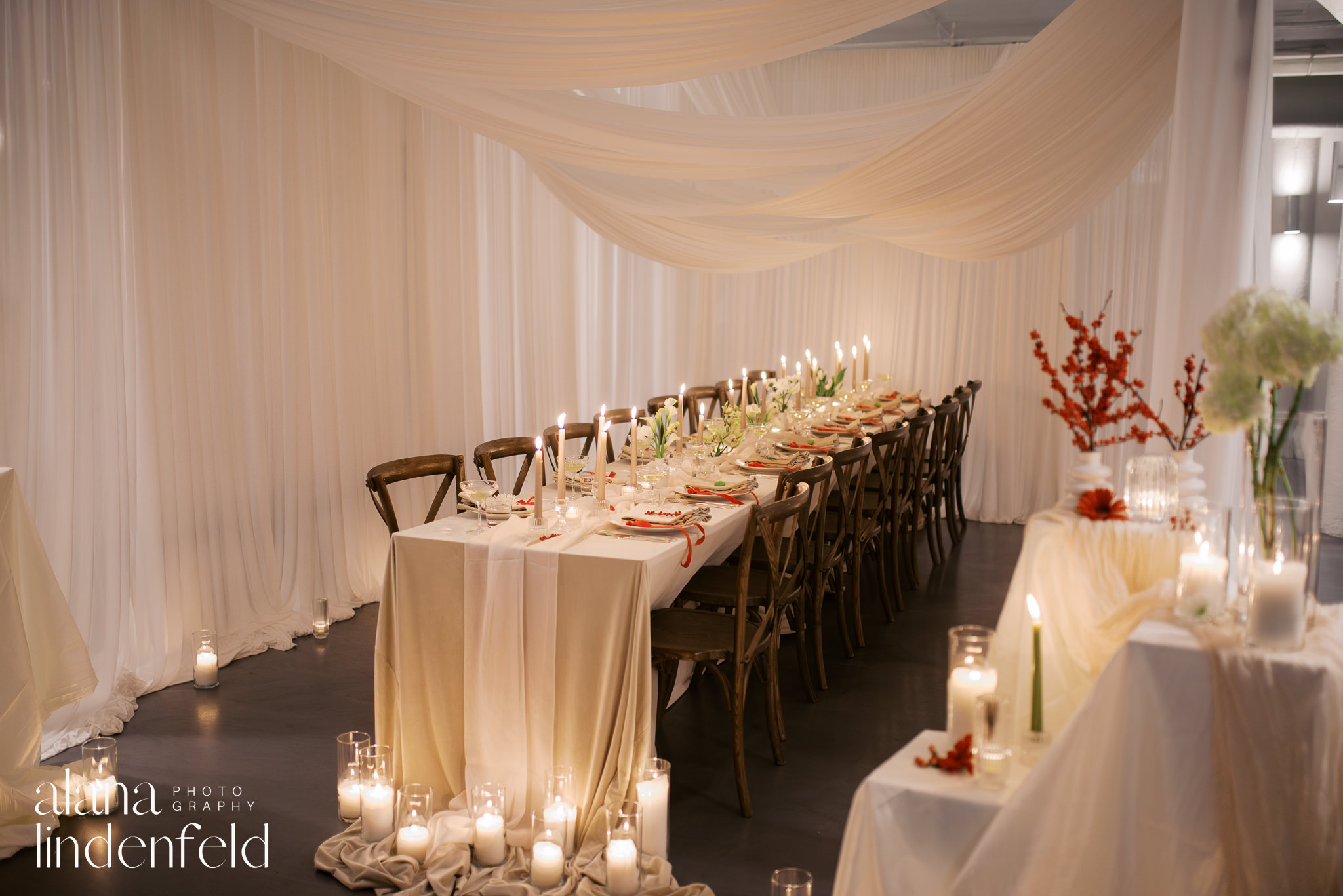 red and green candlelit draped dinner reception at room 1520