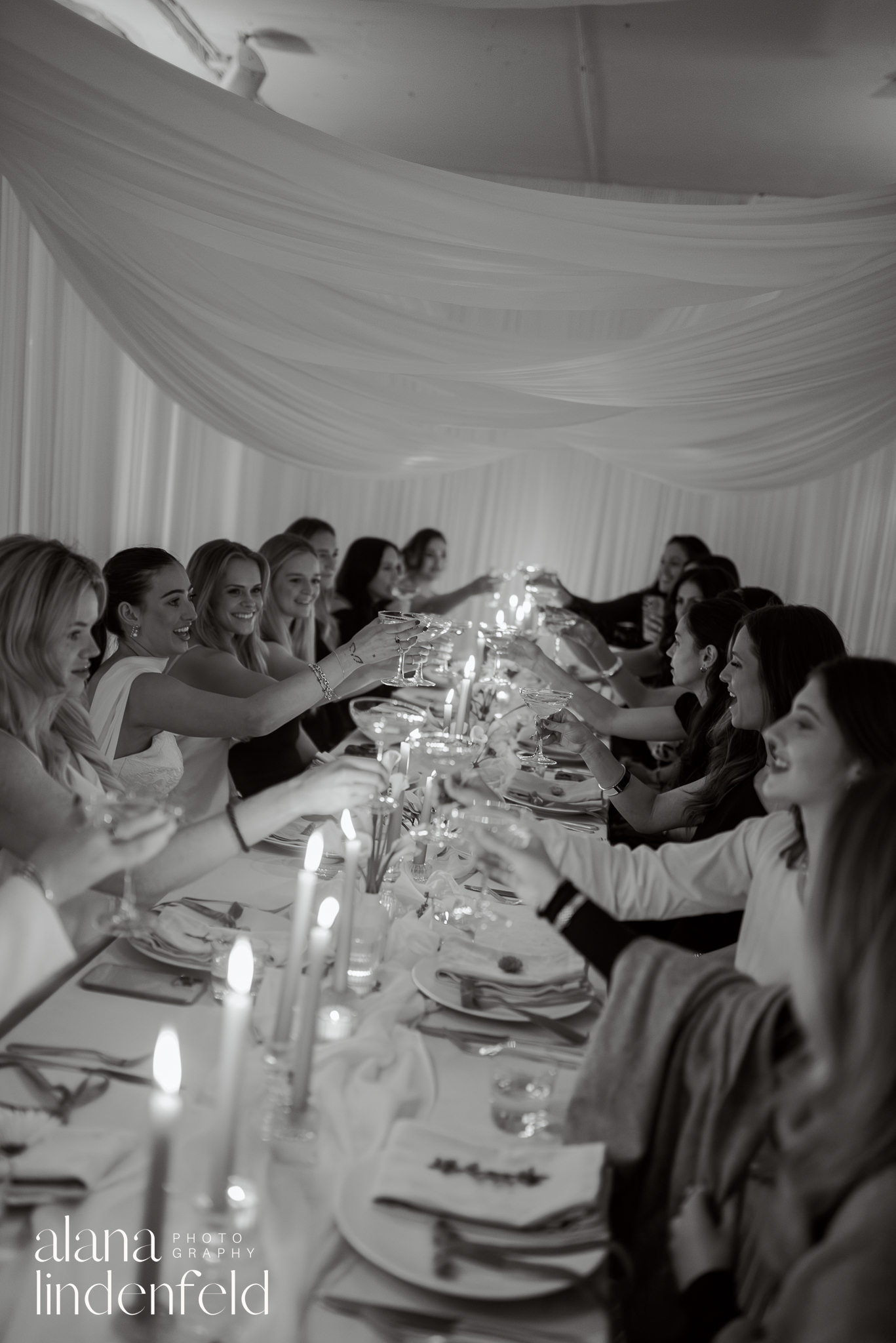 group of ladies toasting across candlelit dinner table 