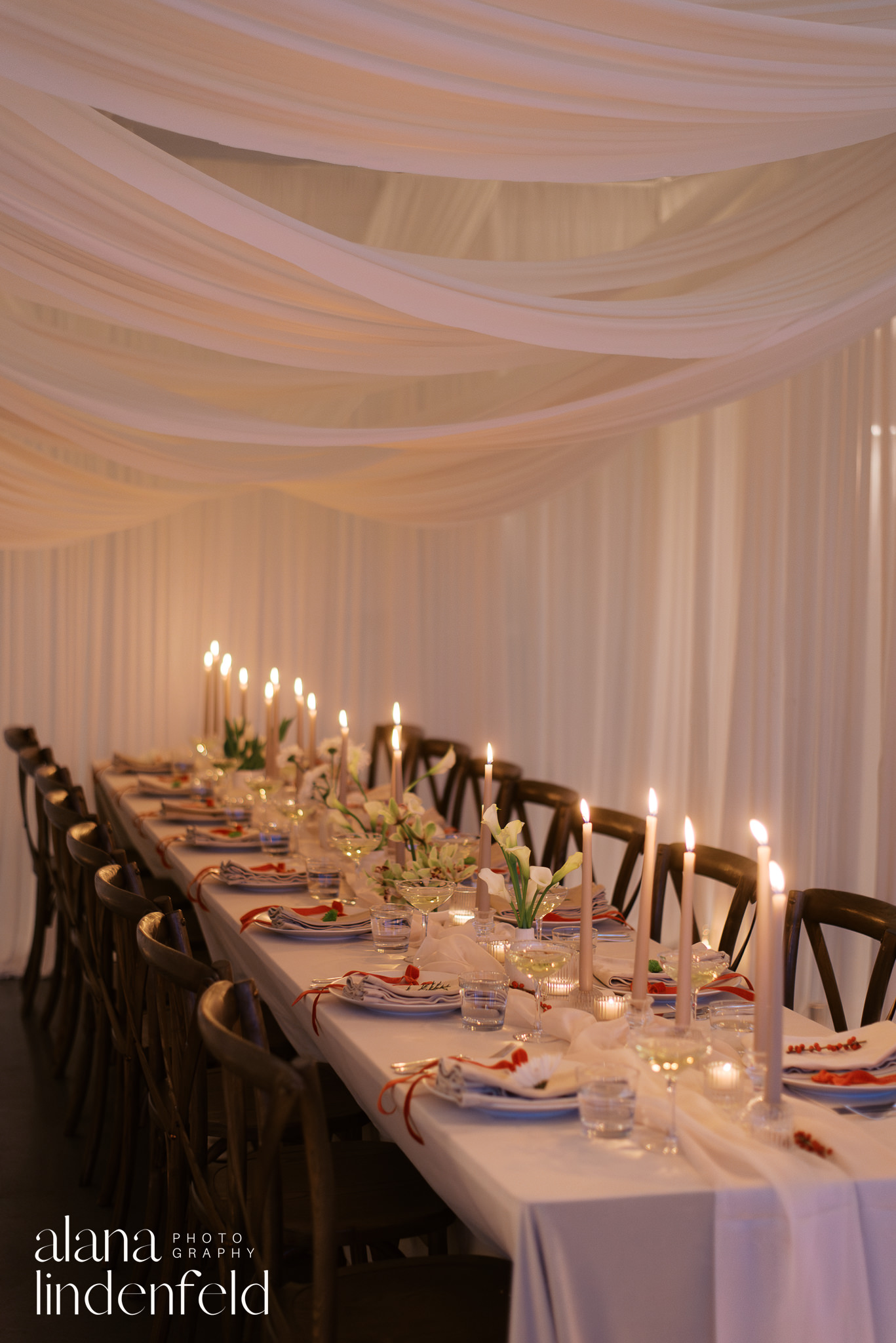 candlelit draped dinner reception at room 1520