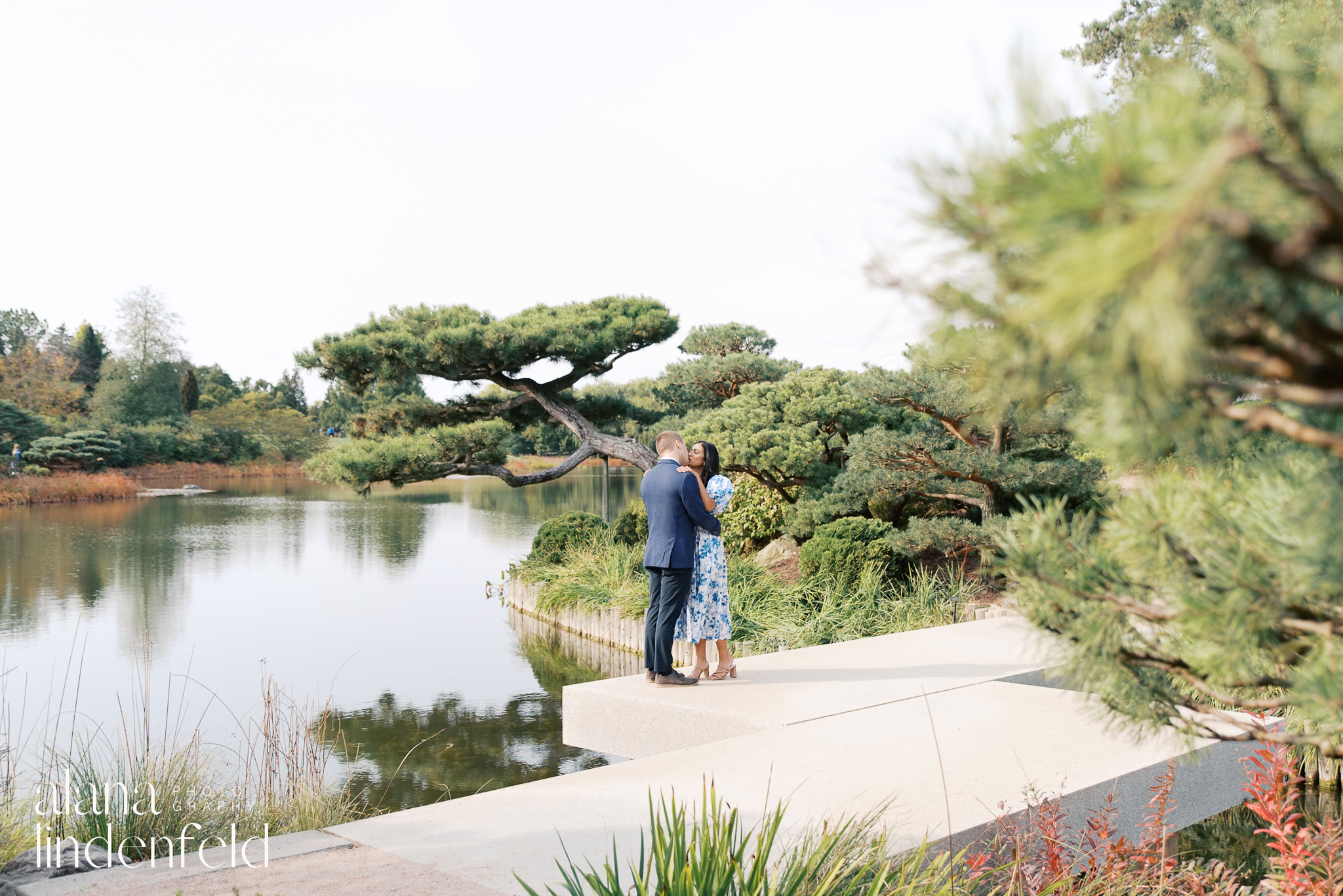 Couple's engagement photos in Japanese Garden at Chicago Botanic Garden