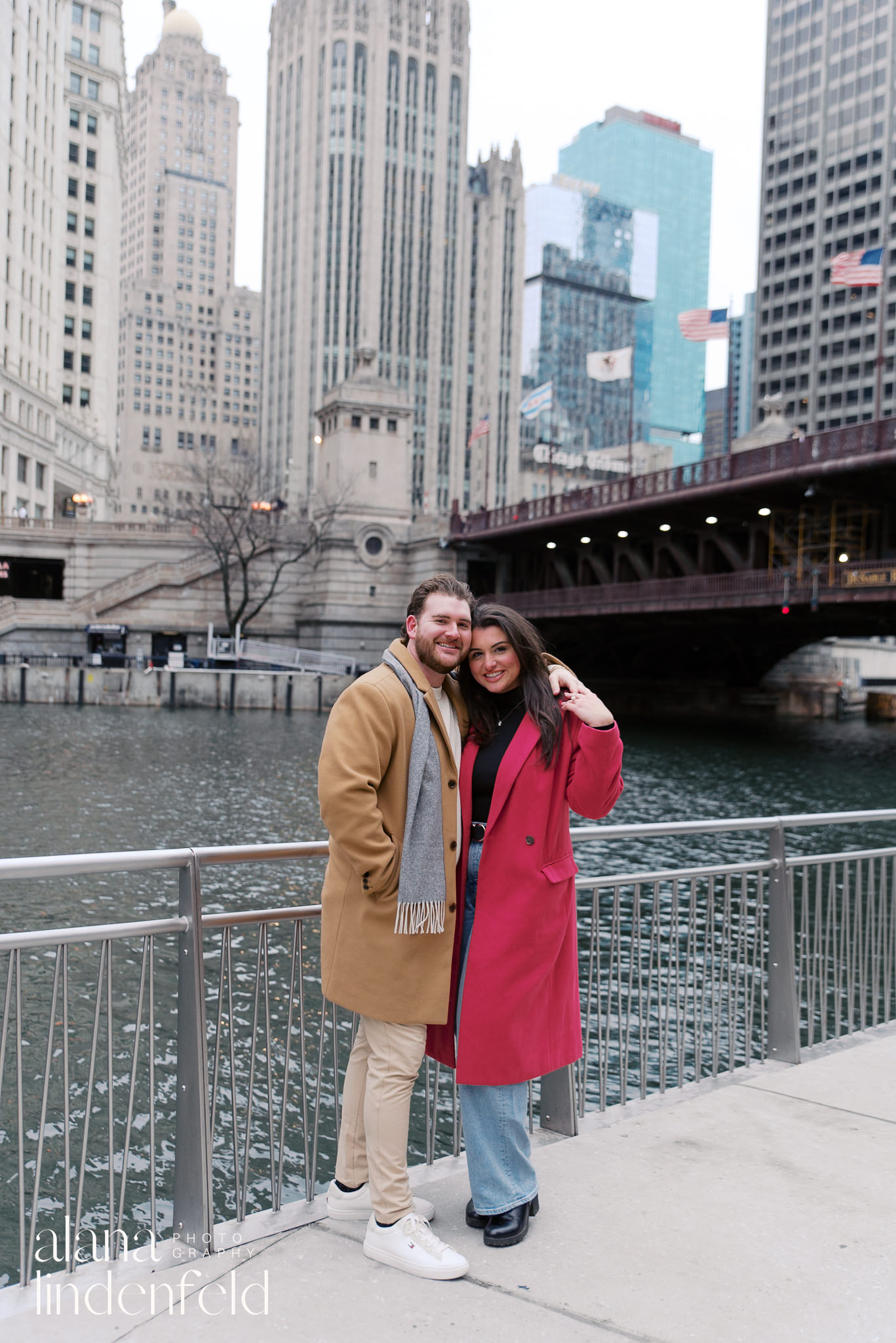 engagement photos along Chicago riverwalk in the winter