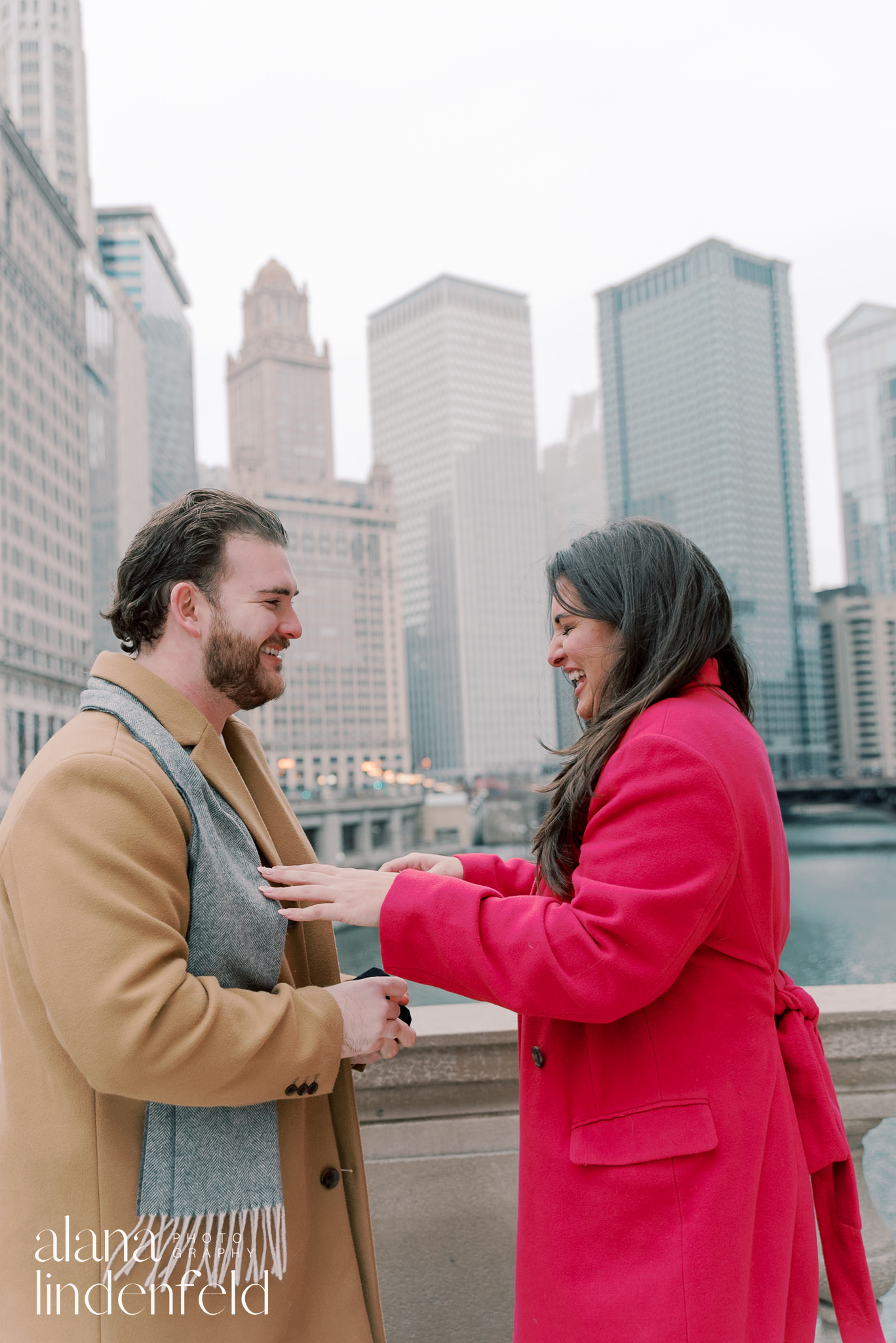 Chicago winter engagement photos at Wrigley Building