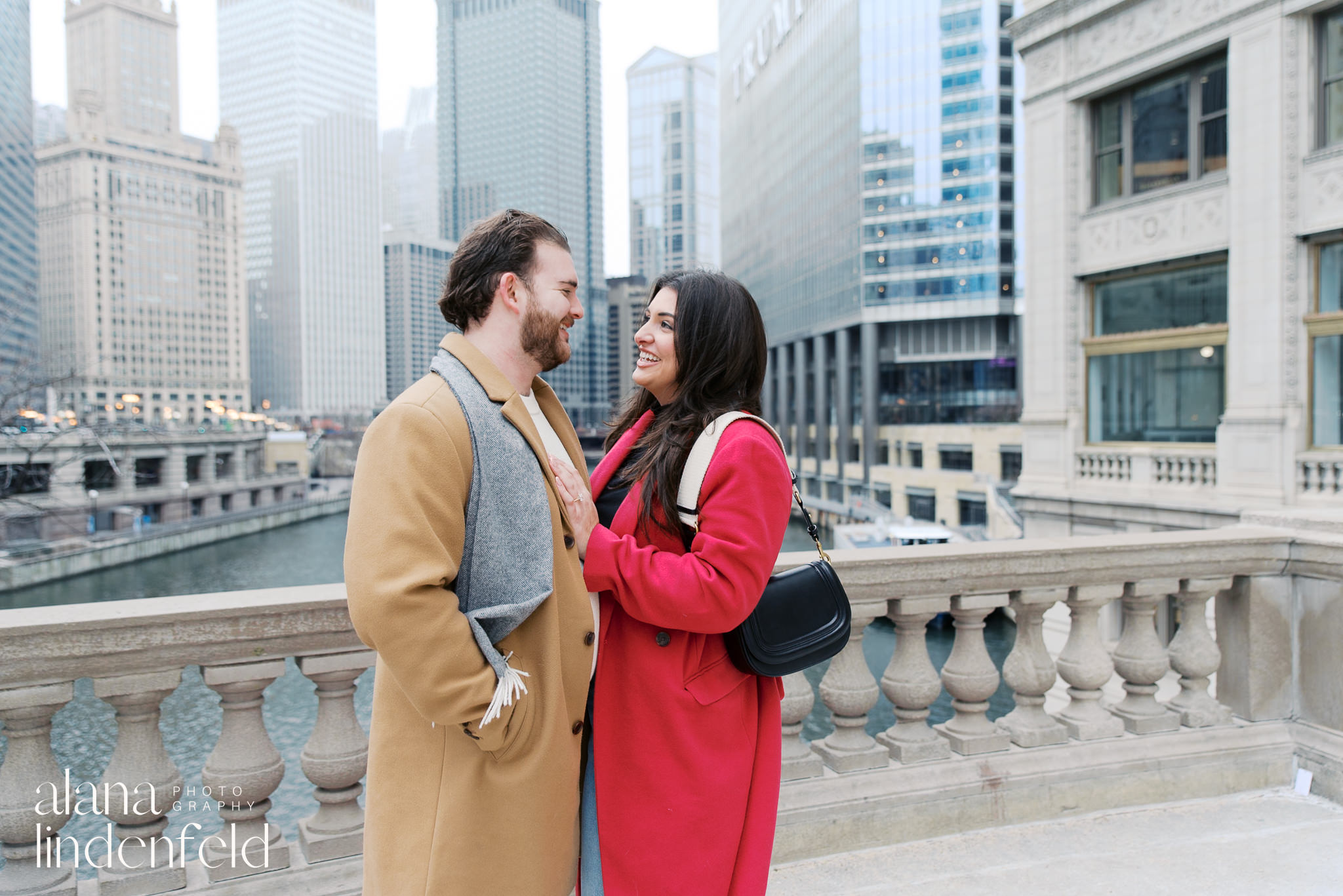 Chicago winter engagement at Wrigley Building