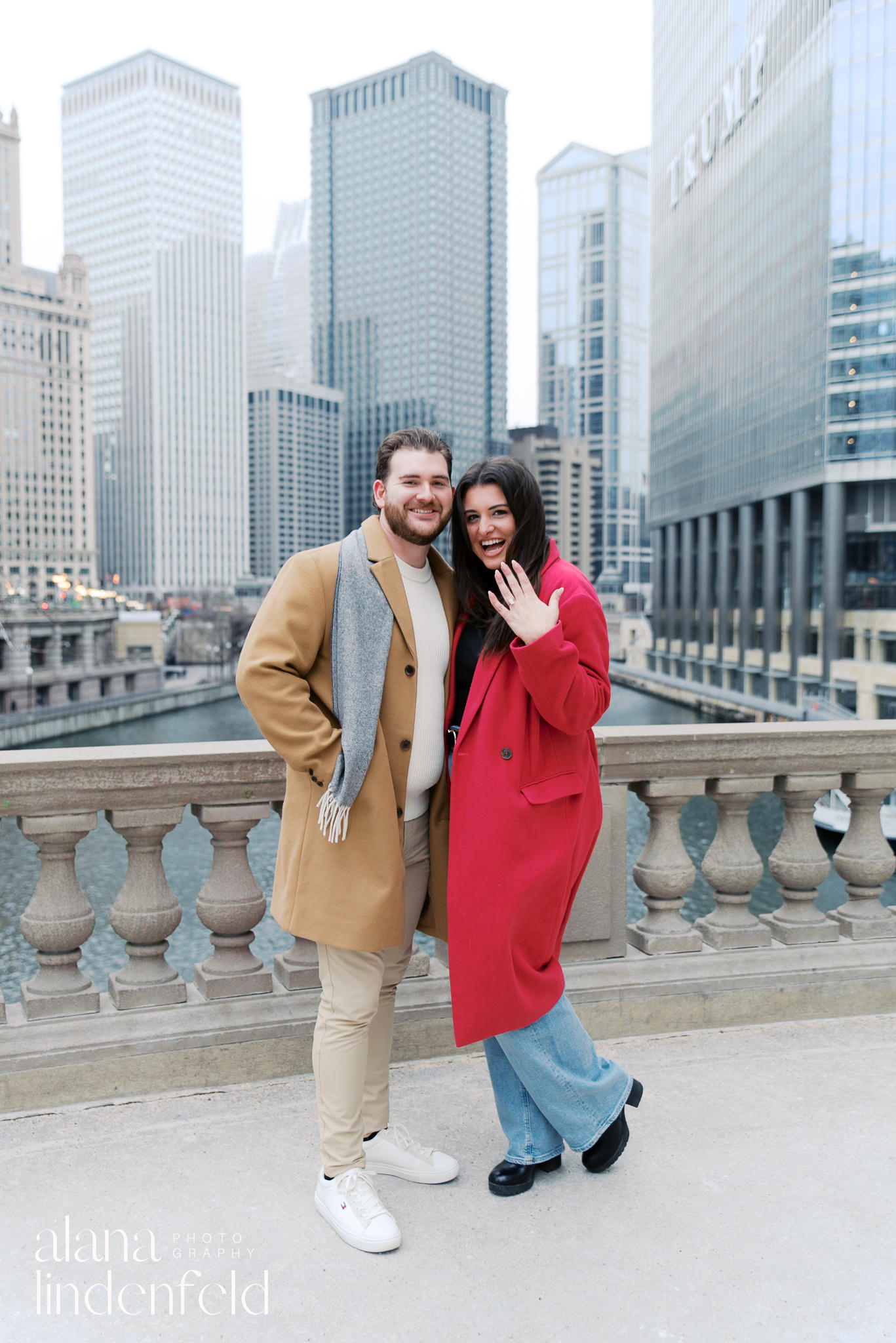 Chicago winter proposal at Wrigley Building