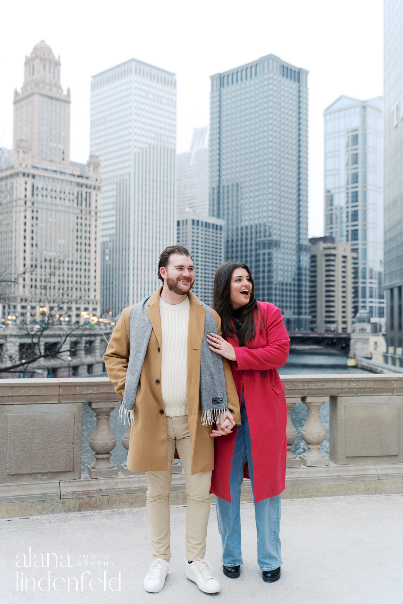 surprise proposal at Wrigley Building in the winter