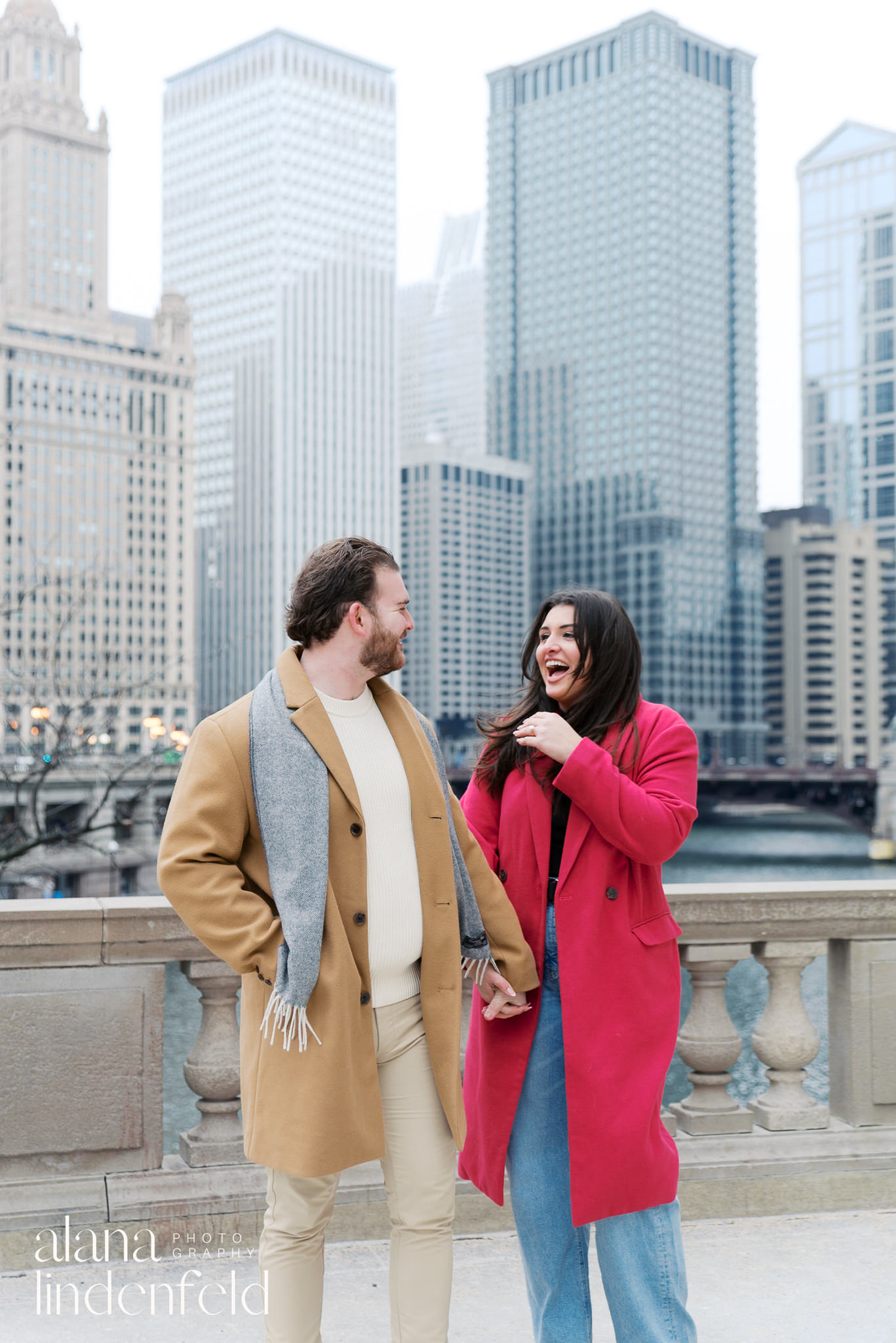 surprise proposal at Wrigley Building in the winter