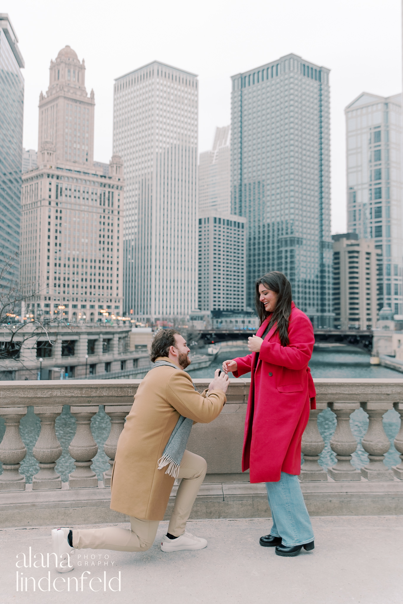 Chicago winter proposal at Wrigley Building