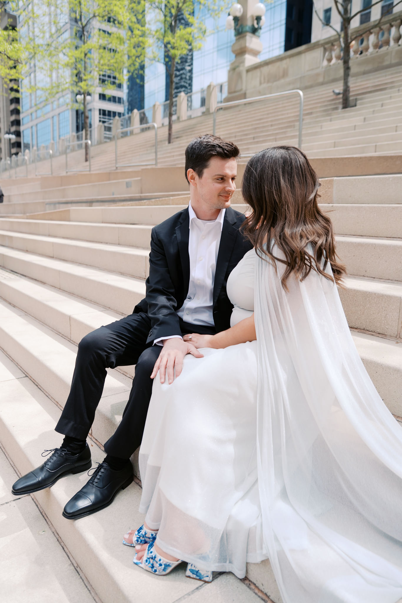 engagement pictures on giant stairs of Chicago Riverwalk